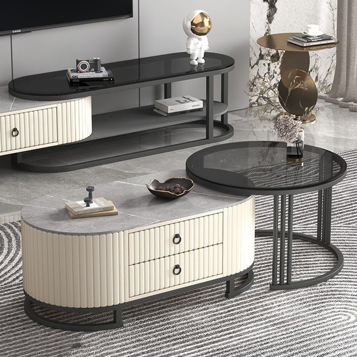 Modern Minimalist Slab Glass Wood PU Leather Metal Round Oval Coffee Table Set 2-Drawer Extendable For Living Room