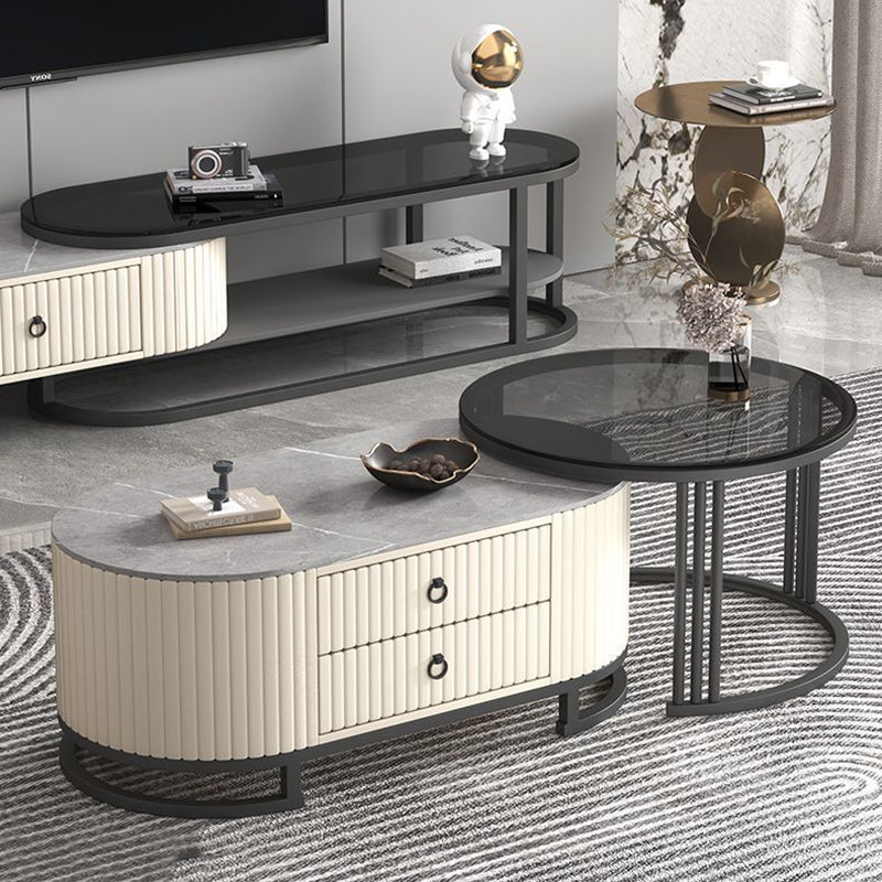 Support TV elliptique en bois minimaliste moderne avec cuir PU et métal, 2 tiroirs extensibles pour salon 
