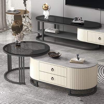 Modern Minimalist Slab Glass Wood Leather Metal Round Oval Coffee Table Set 2-Drawer Extendable For Living Room