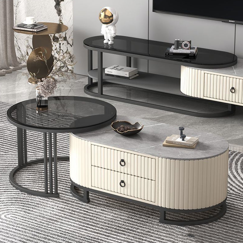 Support TV elliptique en bois minimaliste moderne avec cuir PU et métal, 2 tiroirs extensibles pour salon 
