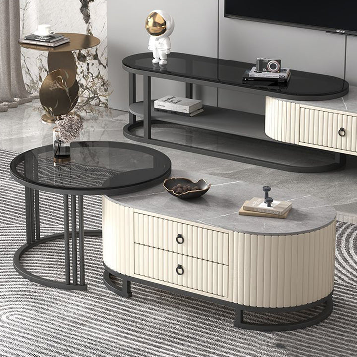 Moderner minimalistischer TV-Ständer aus Holz mit PU-Leder und Metall, elliptisch, 2 Schubladen, ausziehbar für das Wohnzimmer 