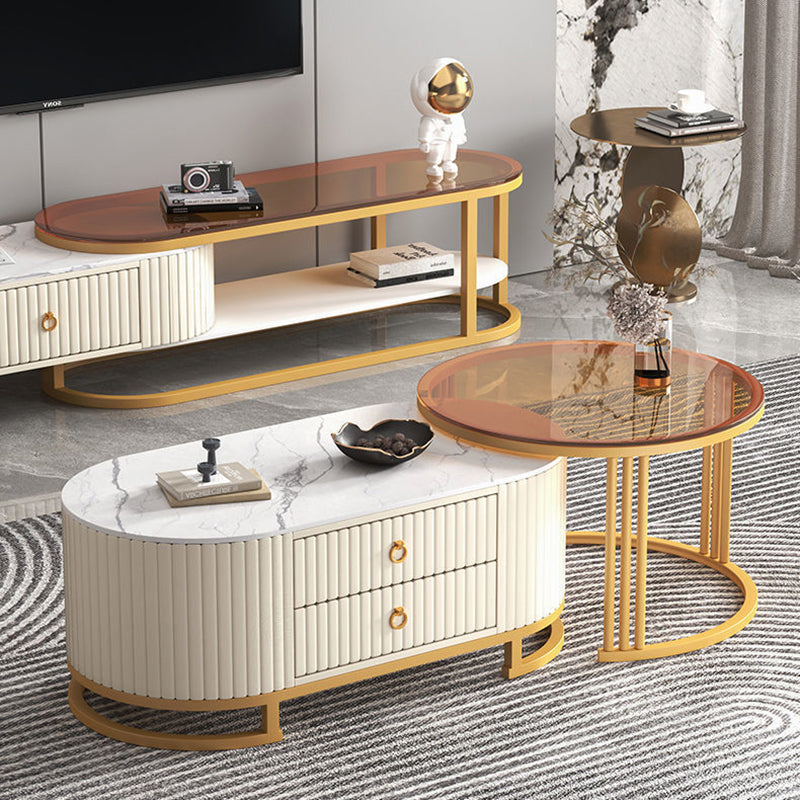 Support TV elliptique en bois minimaliste moderne avec cuir PU et métal, 2 tiroirs extensibles pour salon 