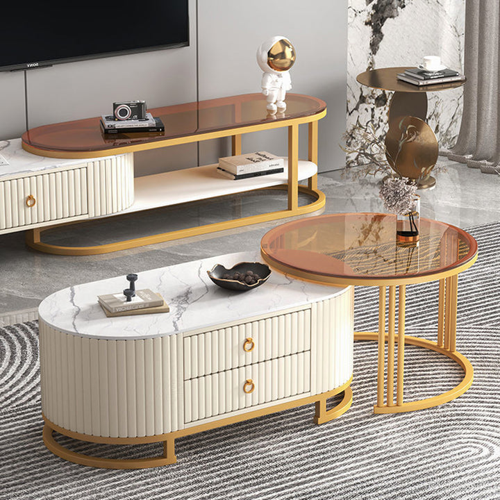 Support TV elliptique en bois minimaliste moderne avec cuir PU et métal, 2 tiroirs extensibles pour salon 