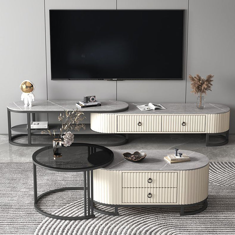 Support TV elliptique en bois minimaliste moderne avec cuir PU et métal, 2 tiroirs extensibles pour salon 