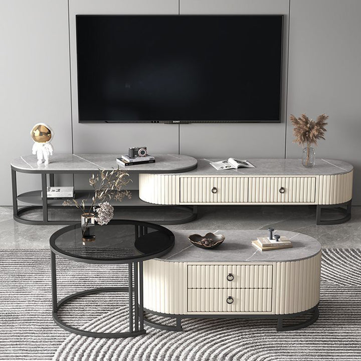 Support TV elliptique en bois minimaliste moderne avec cuir PU et métal, 2 tiroirs extensibles pour salon 