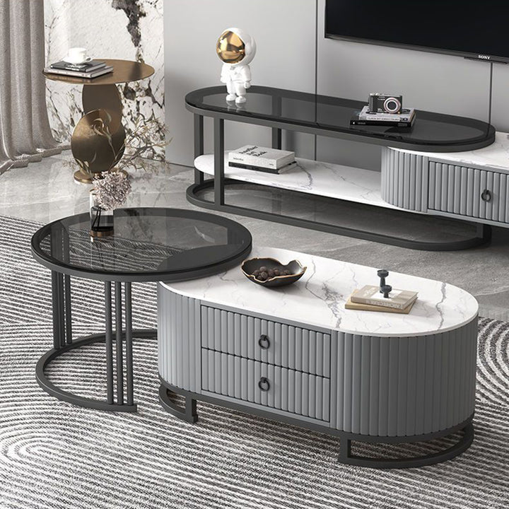 Modern Minimalist Slab Glass Wood PU Leather Metal Round Oval Coffee Table Set 2-Drawer Extendable For Living Room