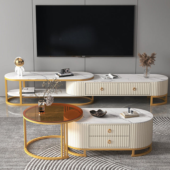 Modern Minimalist Slab Glass Wood PU Leather Metal Round Oval Coffee Table Set 2-Drawer Extendable For Living Room
