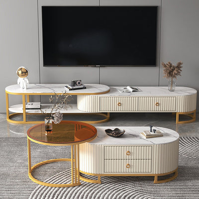 Modern Minimalist Slab Glass Wood Leather Metal Round Oval Coffee Table Set 2-Drawer Extendable For Living Room