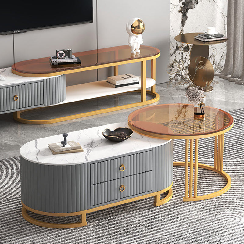 Support TV elliptique en bois minimaliste moderne avec cuir PU et métal, 2 tiroirs extensibles pour salon 