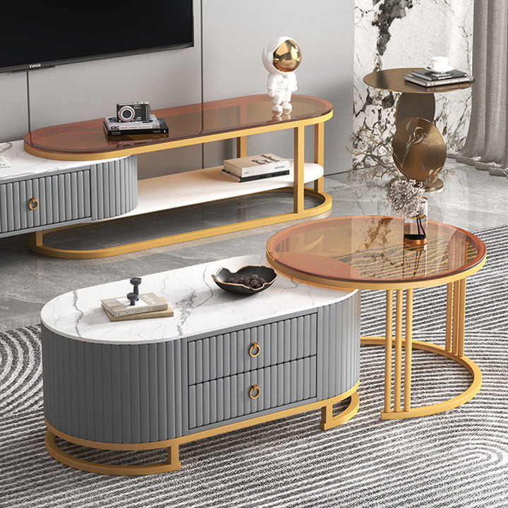 Support TV elliptique en bois minimaliste moderne avec cuir PU et métal, 2 tiroirs extensibles pour salon 