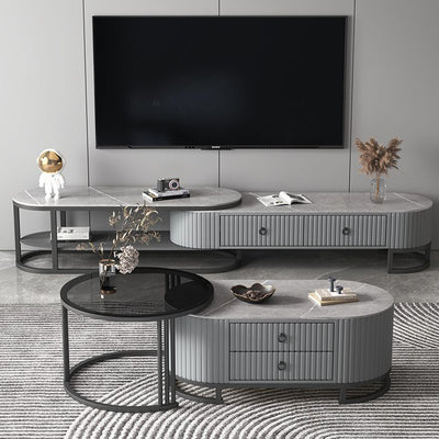 Modern Minimalist Slab Glass Wood Leather Metal Round Oval Coffee Table Set 2-Drawer Extendable For Living Room