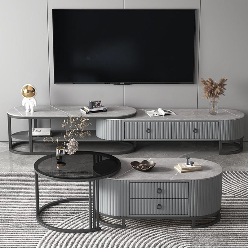 Modern Minimalist Slab Glass Wood Leather Metal Round Oval Coffee Table Set 2-Drawer Extendable For Living Room