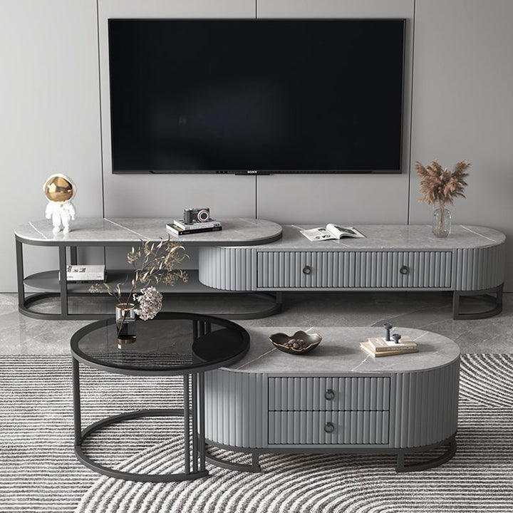 Moderner minimalistischer TV-Ständer aus Holz mit PU-Leder und Metall, elliptisch, 2 Schubladen, ausziehbar für das Wohnzimmer 