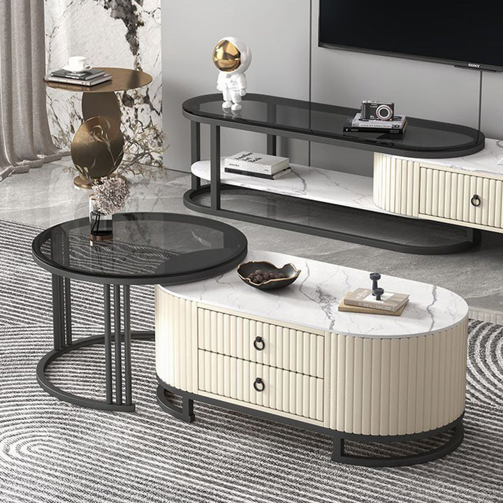 Modern Minimalist Slab Glass Wood PU Leather Metal Round Oval Coffee Table Set 2-Drawer Extendable For Living Room