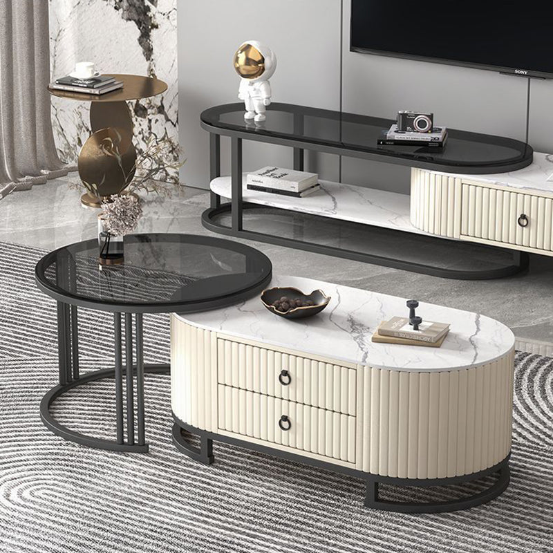 Modern Minimalist Slab Glass Wood Leather Metal Round Oval Coffee Table Set 2-Drawer Extendable For Living Room