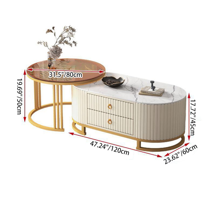 Modern Minimalist Slab Glass Wood PU Leather Metal Round Oval Coffee Table Set 2-Drawer Extendable For Living Room