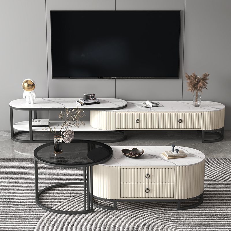 Support TV elliptique en bois minimaliste moderne avec cuir PU et métal, 2 tiroirs extensibles pour salon 