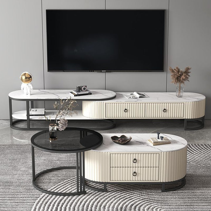 Moderner minimalistischer TV-Ständer aus Holz mit PU-Leder und Metall, elliptisch, 2 Schubladen, ausziehbar für das Wohnzimmer 