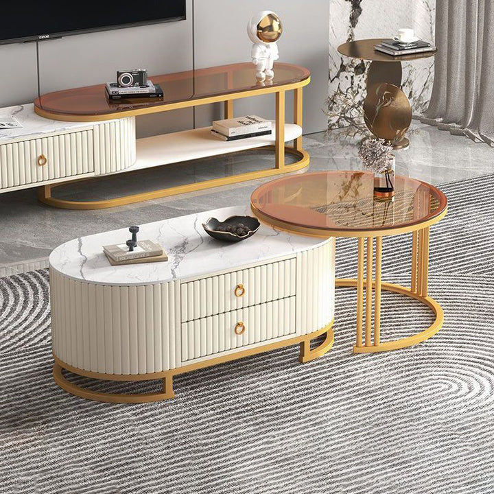 Modern Minimalist Slab Glass Wood PU Leather Metal Round Oval Coffee Table Set 2-Drawer Extendable For Living Room