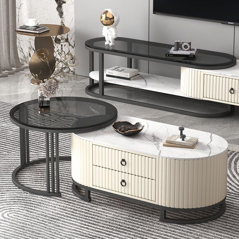 Modern Minimalist Slab Glass Wood Leather Metal Round Oval Coffee Table Set 2-Drawer Extendable For Living Room