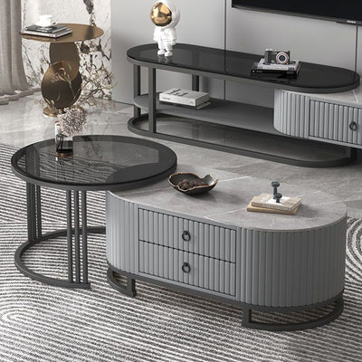 Modern Minimalist Slab Glass Wood Leather Metal Round Oval Coffee Table Set 2-Drawer Extendable For Living Room