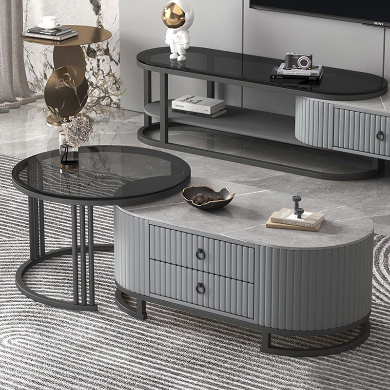 Modern Minimalist Slab Glass Wood Leather Metal Round Oval Coffee Table Set 2-Drawer Extendable For Living Room