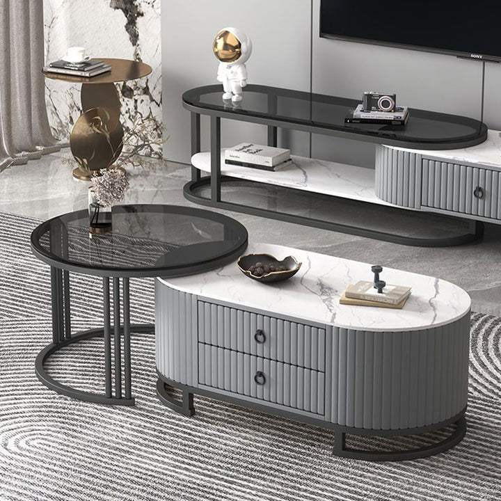 Support TV elliptique en bois minimaliste moderne avec cuir PU et métal, 2 tiroirs extensibles pour salon 