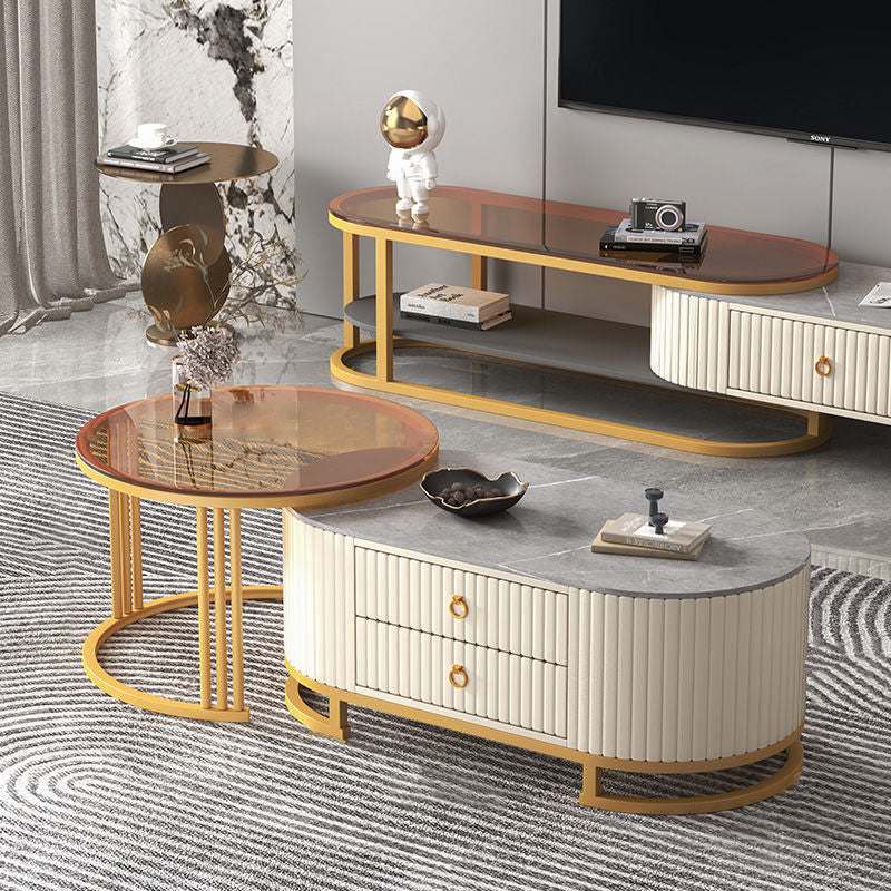 Modern Minimalist Slab Glass Wood Leather Metal Round Oval Coffee Table Set 2-Drawer Extendable For Living Room
