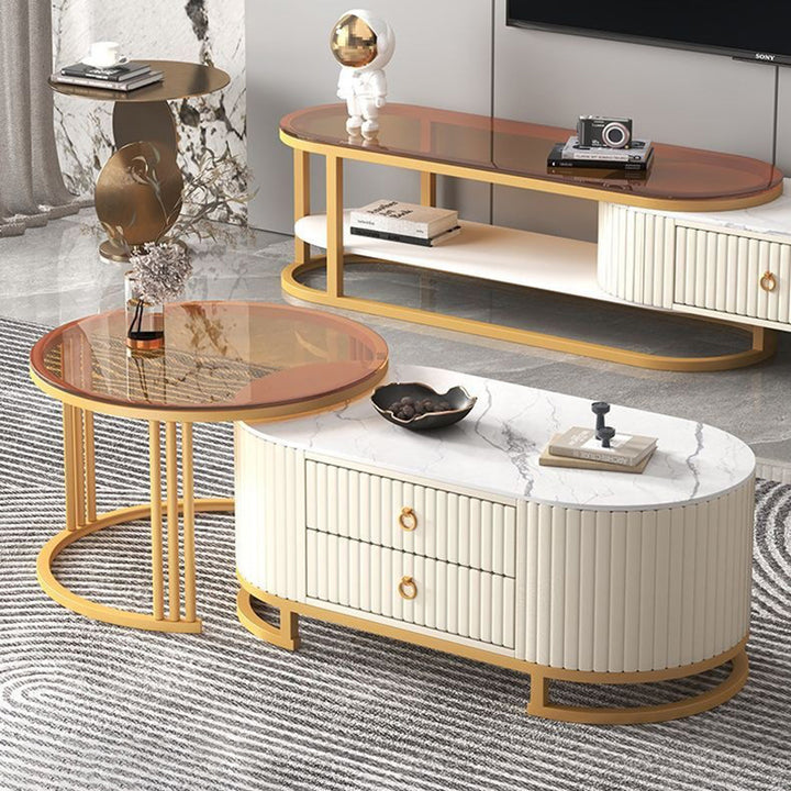 Support TV elliptique en bois minimaliste moderne avec cuir PU et métal, 2 tiroirs extensibles pour salon 