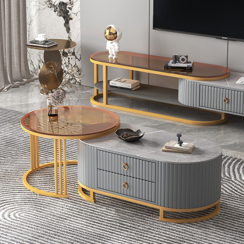 Modern Minimalist Slab Glass Wood Leather Metal Round Oval Coffee Table Set 2-Drawer Extendable For Living Room