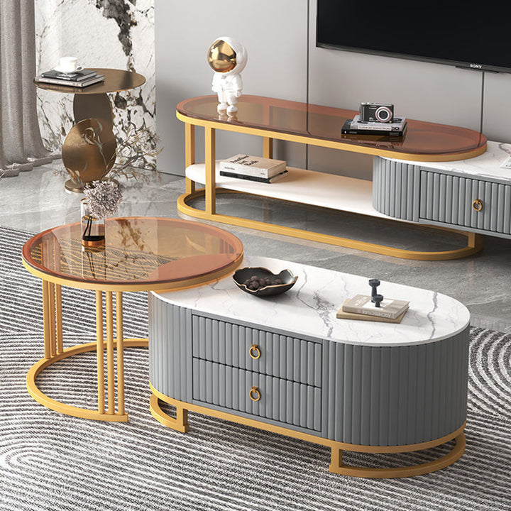 Modern Minimalist Slab Glass Wood PU Leather Metal Round Oval Coffee Table Set 2-Drawer Extendable For Living Room