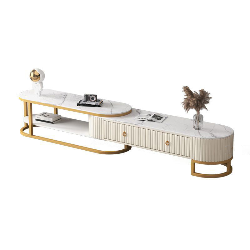 Support TV elliptique en bois minimaliste moderne avec cuir PU et métal, 2 tiroirs extensibles pour salon 