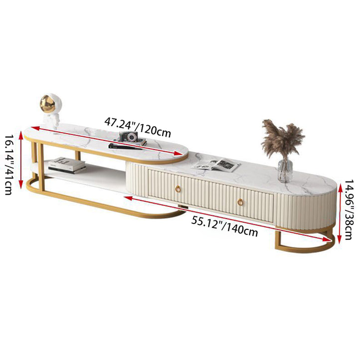 Support TV elliptique en bois minimaliste moderne avec cuir PU et métal, 2 tiroirs extensibles pour salon 
