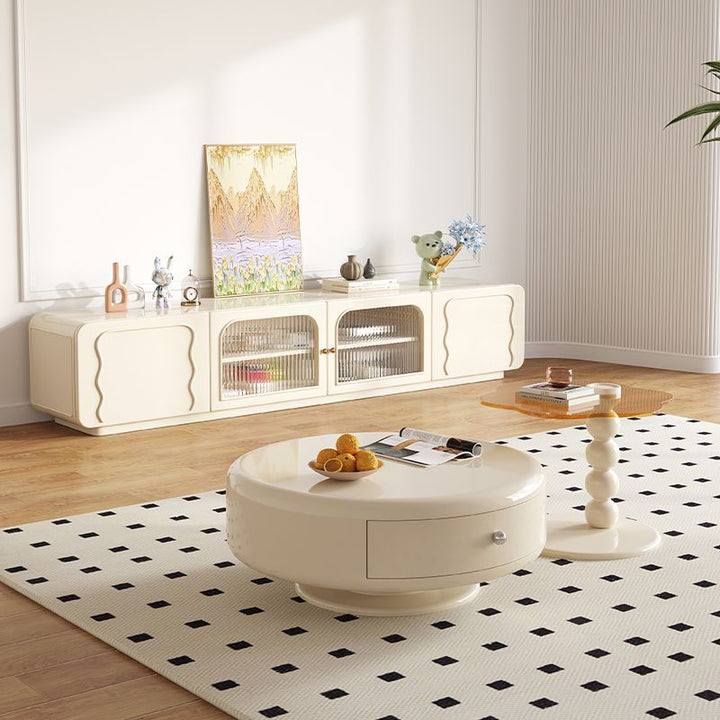 Mesa de café redonda floral de madera y metal reforzada con tablero de fibra francés tradicional con 1 cajón giratorio para sala de estar 