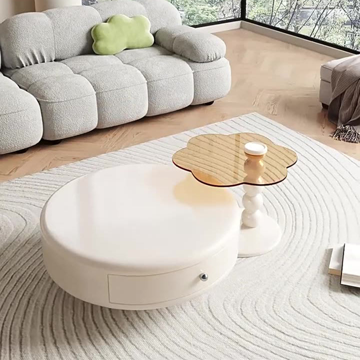 Mesa de café redonda floral de madera y metal reforzada con tablero de fibra francés tradicional con 1 cajón giratorio para sala de estar 