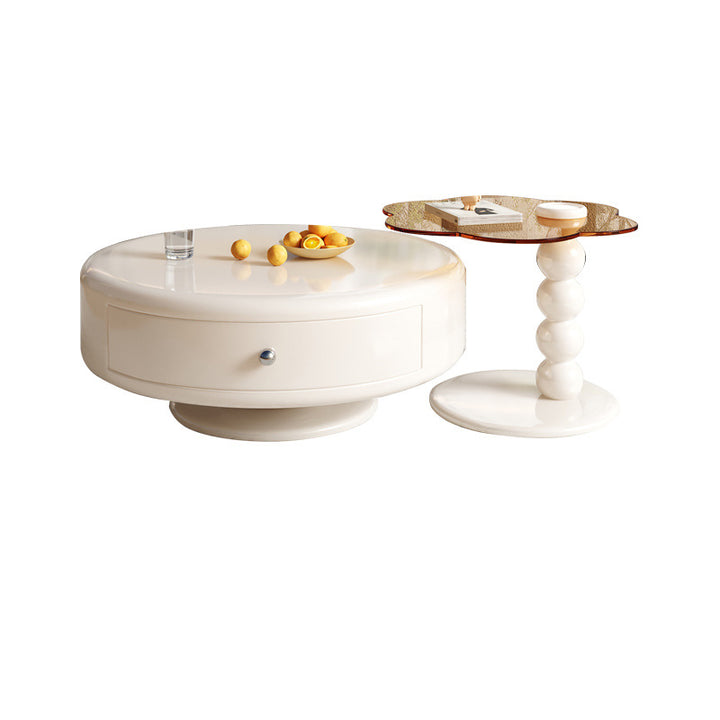 Table basse ronde florale en bois renforcé de fibre de verre traditionnelle française avec 1 tiroir rotatif pour salon 