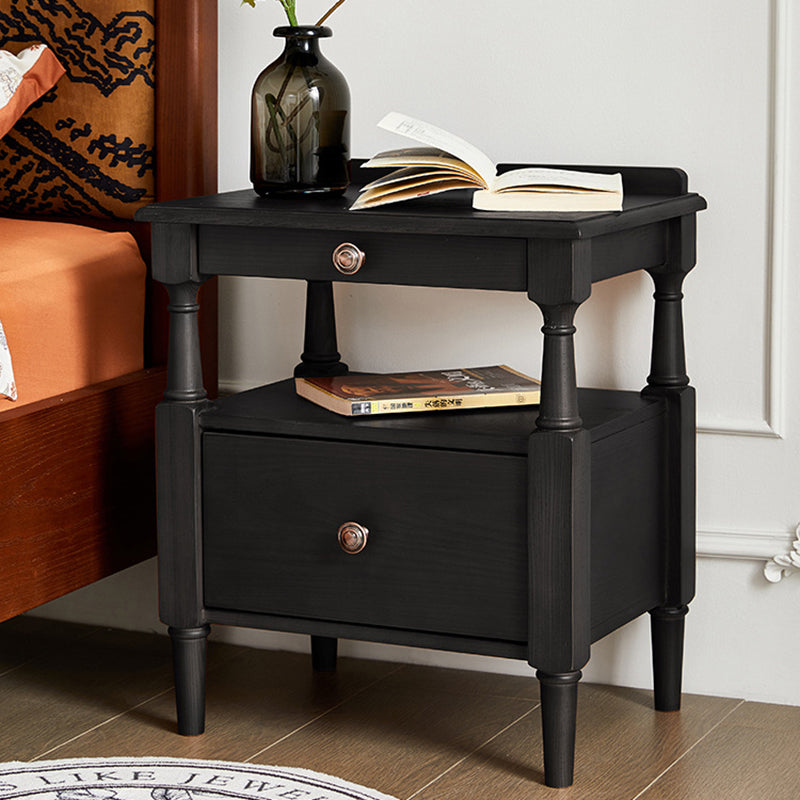 Contemporary Retro Ash Wood Pine Wood Hardware Rectangular Nightstand 2-Drawer Tier For Bedside