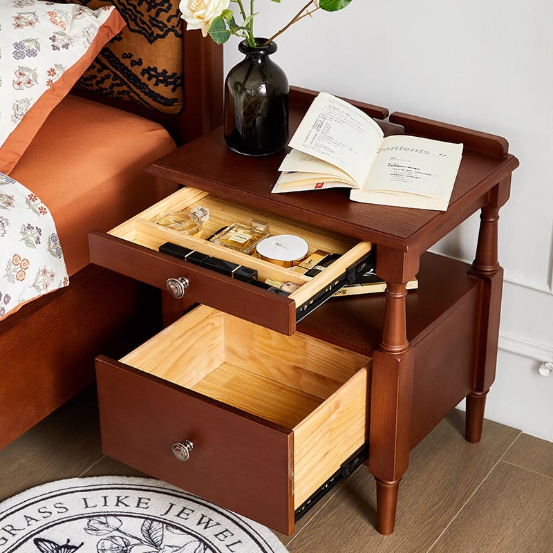Contemporary Retro Ash Wood Pine Wood Hardware Rectangular Nightstand 2-Drawer Tier For Bedside