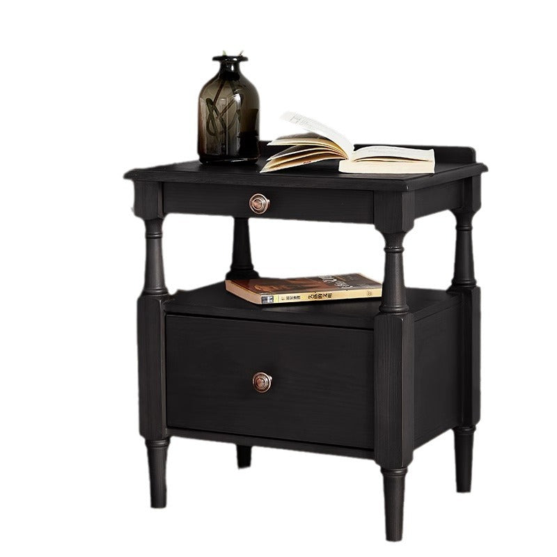 Contemporary Retro Ash Wood Pine Wood Hardware Rectangular Nightstand 2-Drawer Tier For Bedside