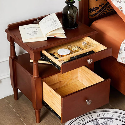 Contemporary Retro Ash Wood Pine Wood Hardware Rectangular Nightstand 2-Drawer Tier For Bedside