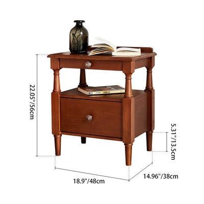 Contemporary Retro Ash Wood Pine Wood Hardware Rectangular Nightstand 2-Drawer Tier For Bedside