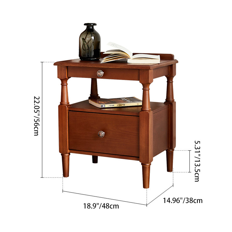 Contemporary Retro Ash Wood Pine Wood Hardware Rectangular Nightstand 2-Drawer Tier For Bedside