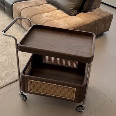 Zeitgenössischer Retro-Webstuhl Imitation Rattan PE Holz Edelstahl Rechteckiger Beweglicher Beistelltisch mit 2-stufigem Stauraum für das Wohnzimmer 