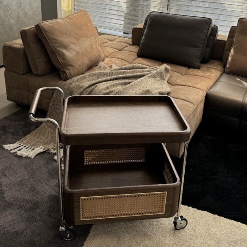 Zeitgenössischer Retro-Webstuhl Imitation Rattan PE Holz Edelstahl Rechteckiger Beweglicher Beistelltisch mit 2-stufigem Stauraum für das Wohnzimmer 
