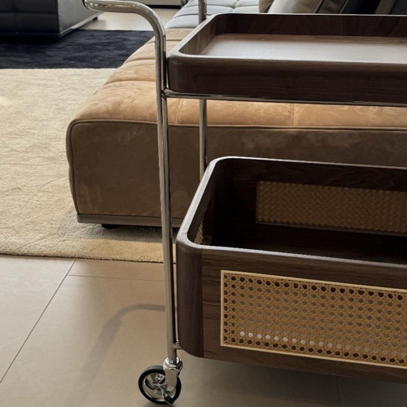 Zeitgenössischer Retro-Webstuhl Imitation Rattan PE Holz Edelstahl Rechteckiger Beweglicher Beistelltisch mit 2-stufigem Stauraum für das Wohnzimmer 