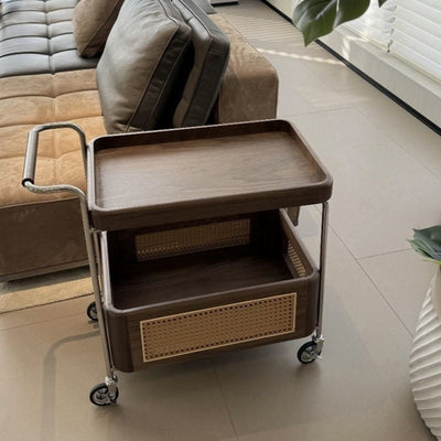 Zeitgenössischer Retro-Webstuhl Imitation Rattan PE Holz Edelstahl Rechteckiger Beweglicher Beistelltisch mit 2-stufigem Stauraum für das Wohnzimmer 