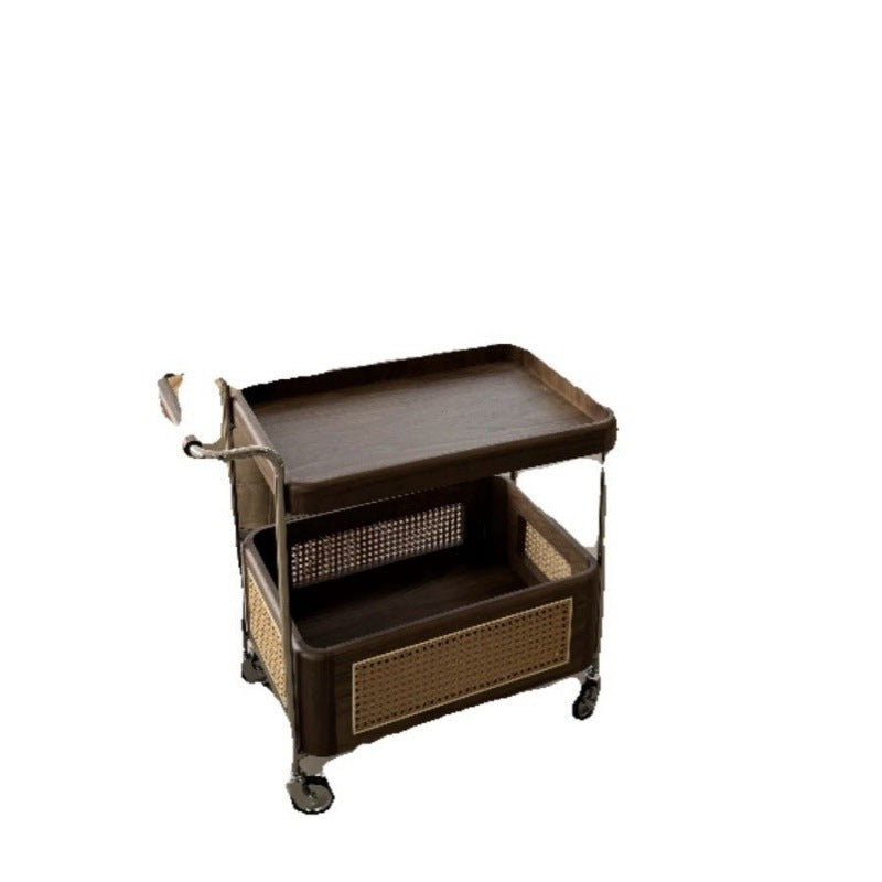Zeitgenössischer Retro-Webstuhl Imitation Rattan PE Holz Edelstahl Rechteckiger Beweglicher Beistelltisch mit 2-stufigem Stauraum für das Wohnzimmer 