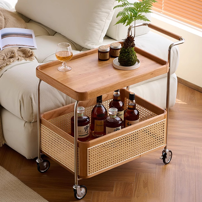 Zeitgenössischer Retro-Webstuhl Imitation Rattan PE Holz Edelstahl Rechteckiger Beweglicher Beistelltisch mit 2-stufigem Stauraum für das Wohnzimmer 