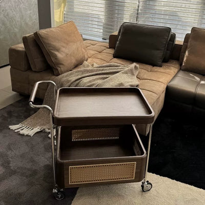 Zeitgenössischer Retro-Webstuhl Imitation Rattan PE Holz Edelstahl Rechteckiger Beweglicher Beistelltisch mit 2-stufigem Stauraum für das Wohnzimmer 