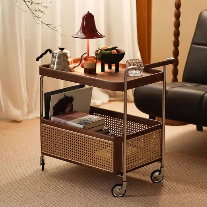 Zeitgenössischer Retro-Webstuhl Imitation Rattan PE Holz Edelstahl Rechteckiger Beweglicher Beistelltisch mit 2-stufigem Stauraum für das Wohnzimmer 